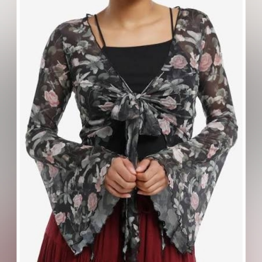 Hot Topic Thorn and Fable Fairy Rose Mesh Tie Front Crop Top